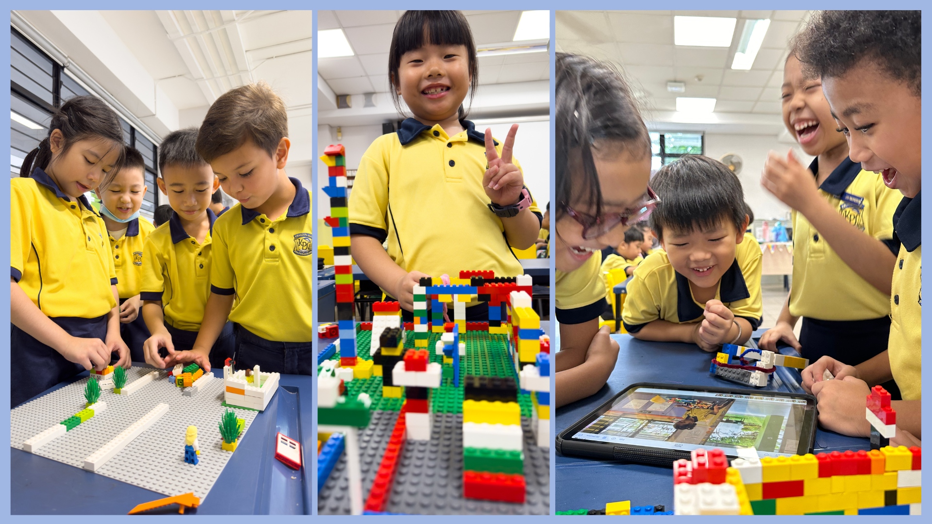 Young children in Kranji Primary school uniforms smile and build colourful LEGO structures in a classroom.